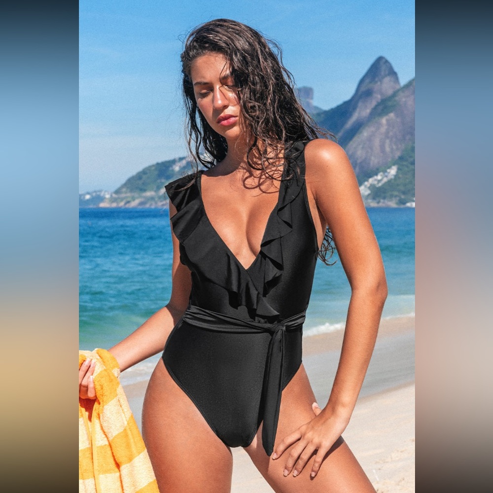 Paluma Black Ruffled Plunge One Piece CUPSHE Swimsuit
